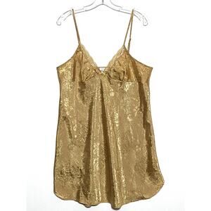VTG Adonna Babydoll Gold Jacquard Floral Lace Chemise Slip Dress L Coquette Sexy